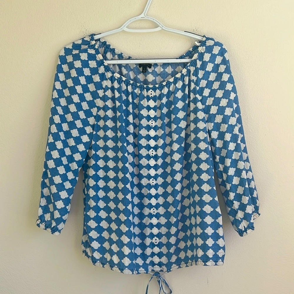 Talbots Blue White 💯 Linen 3/4 Sleeve Blouse